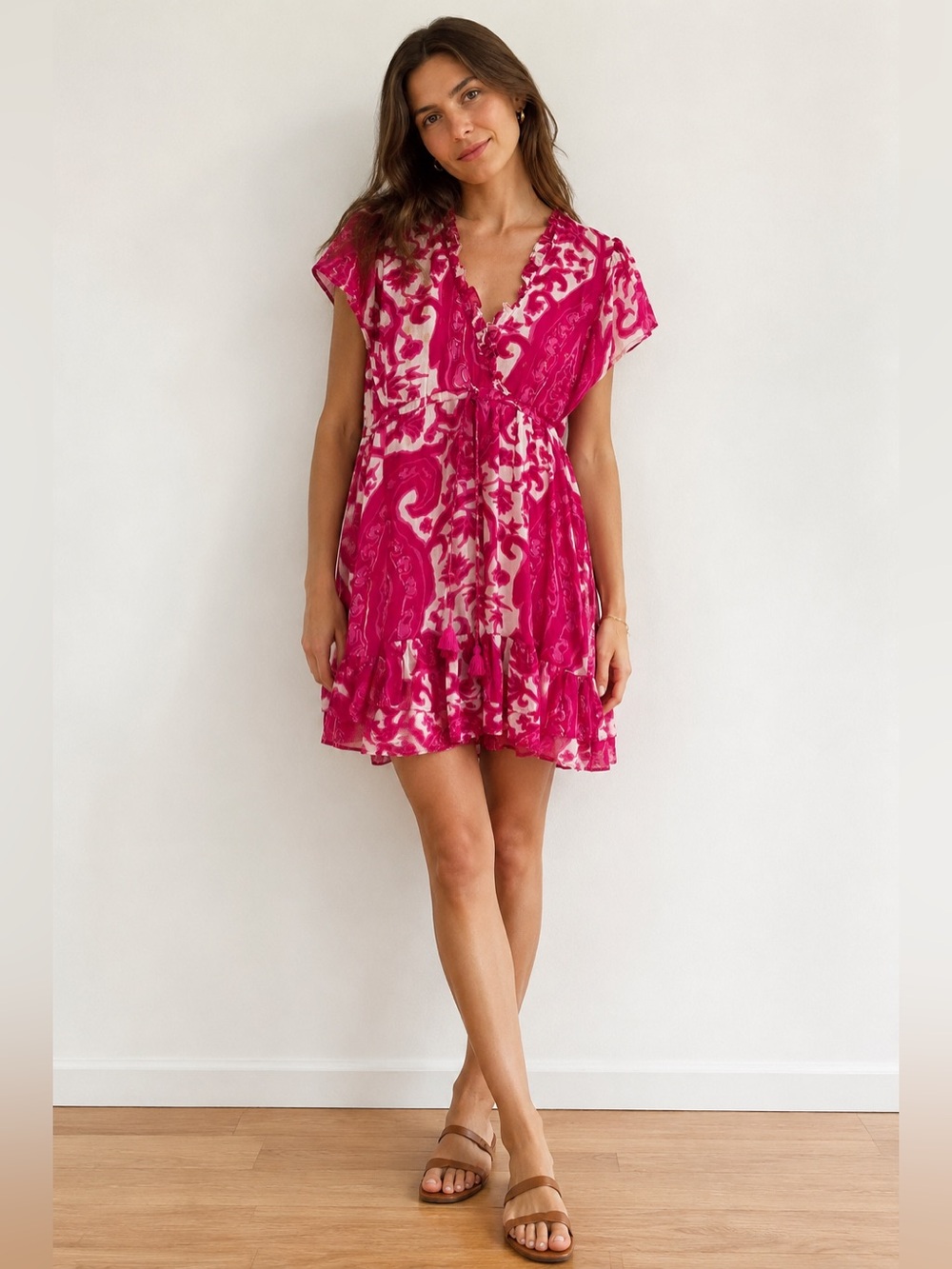 La Plage Magenta Pink‎ Tiered Ruffled Lined Cotton Mini Dress Size Small Resort